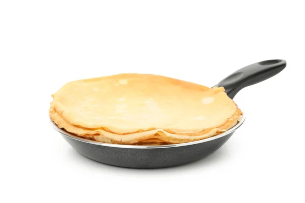 Casserole Avec Fines Crêpes Isolées Sur Fond Blanc — Photo