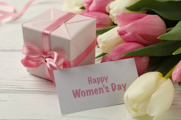 Text Happy Women Day Tulips Gift Box White Wooden Background — Stock Photo, Image
