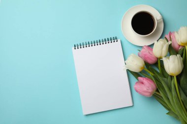 Laleler, boş defter ve mavi arka planda bir fincan kahve.