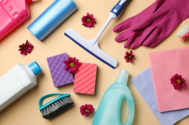 Bej arkaplan ve üst görünümde farklı temizlik araçları