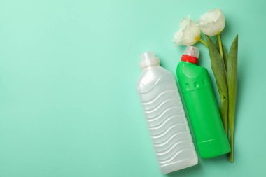 Naneli arka planda Deterjan ve laleler, metin için boşluk