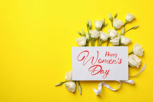 Roses Text Happy Women Day Ribbon Yellow Background — Stock Photo, Image