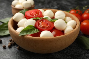 Siyah dumanlı arka planda mozzarella peyniri ile lezzetli yemek kavramı, kapat