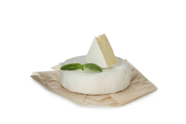 Delicious Τυρί Καμαμπέρ Απομονώνονται Λευκό Φόντο — Φωτογραφία Αρχείου