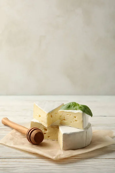Baking Paper Camembert Cheese Basil Dipper Wooden Background — Stock Photo, Image