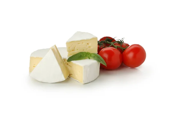 Τυρί Καμαμπέρ Βασιλικός Και Ντομάτα Που Απομονώνονται Λευκό Φόντο — Φωτογραφία Αρχείου