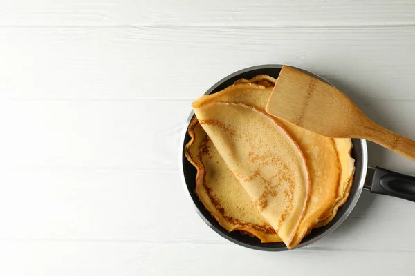 Pan Tasty Thin Pancakes Spatula Wooden Table — Stock Photo, Image