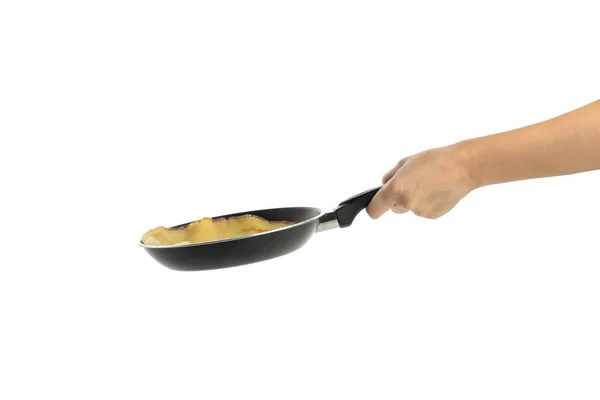 Female Hand Hold Pan Thin Pancake Isolated White Background — Stock Photo, Image