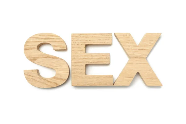 Word Sex Liter Drewnianych Białym Tle — Zdjęcie stockowe