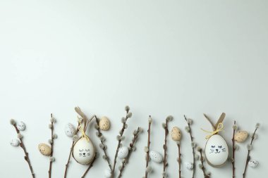 Beyaz arka planda Paskalya yumurtaları, bıldırcın yumurtaları ve kedi derileri.