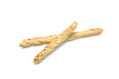 Lezzetli Grissini ekmeği beyaz arka planda izole edilmiş.