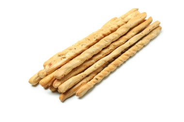 Lezzetli Grissini ekmeği beyaz arka planda izole edilmiş.