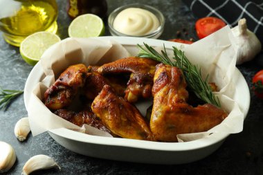 Lezzetli yemek kavramı, pişmiş tavuk kanatları ve siyah dumanlı masa.