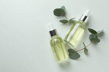 Beyaz arka planda okaliptüs yağı ve dal damlaları