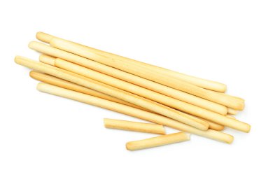 Lezzetli Grissini ekmeği beyaz arka planda izole edilmiş.