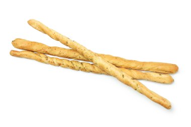 Lezzetli Grissini ekmeği beyaz arka planda izole edilmiş.