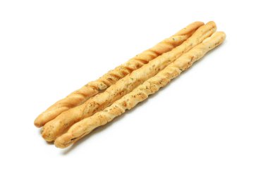 Lezzetli Grissini ekmeği beyaz arka planda izole edilmiş.