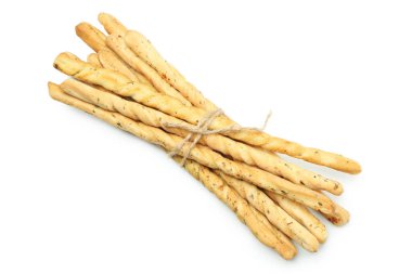 Lezzetli Grissini ekmeği beyaz arka planda izole edilmiş.