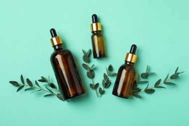 Kahverengi okaliptüs yağı şişeleri ve nane arkaplanda dallar