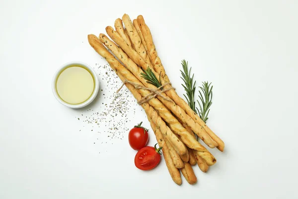 Grissini Soepstengels Met Specerijen Witte Achtergrond — Stockfoto