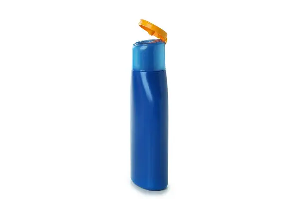 Синя Пляшка Сонцезахисного Крему Ізольована Білому Тлі — стокове фото