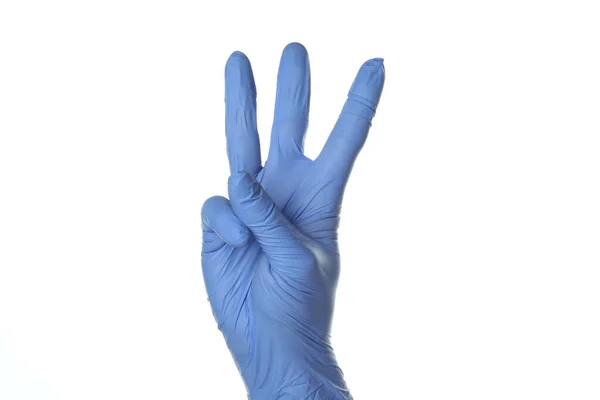 Hand Medische Handschoen Tonen Drie Vingers Geïsoleerd Witte Achtergrond — Stockfoto