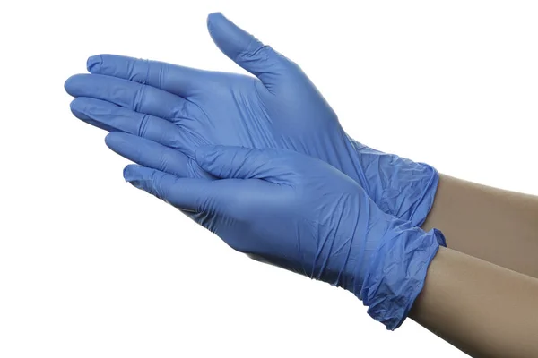 Handen Medische Handschoenen Geïsoleerd Witte Achtergrond — Stockfoto
