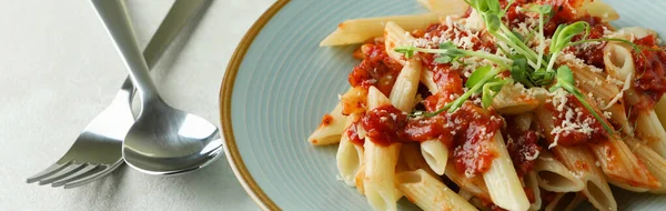 Plate Pasta Tomato Sauce Ingredients White Textured Background — Stock Photo, Image