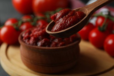 Tahta kaşık ve domates ezmeli kase, yakın çekim.