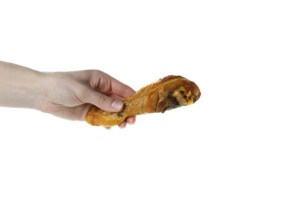 Female Hand Hold Roast Chicken Drumstick Isolated White Background — Stock Photo, Image