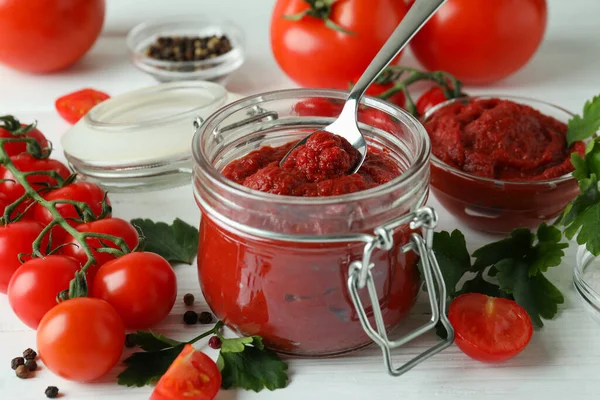 Jar Spoon Tomato Paste White Wooden Table Ingredients — Stock Photo, Image