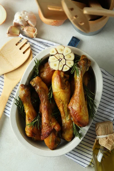 Fogalom Finom Étkezés Sütő Tálca Sült Csirke Dobverő — Stock Fotó