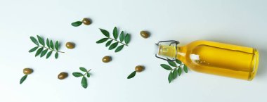 Beyaz arka planda bir şişe yağ, zeytin ve dal.