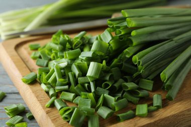Kesme tahtasında taze yeşil doğranmış soğan, kapat.