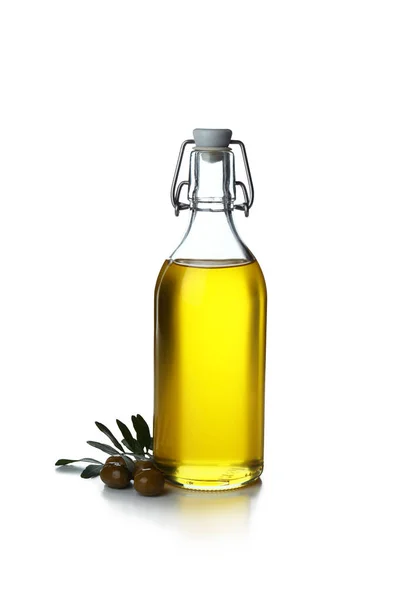 Bottiglia Olio Oliva Olive Isolate Fondo Bianco — Foto Stock