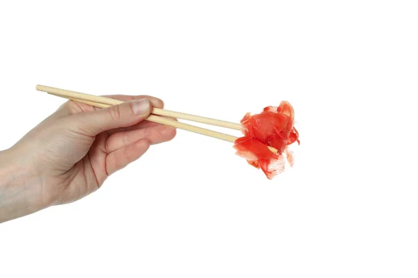 Γυναικεία Λαβή Chopsticks Και Pickled Τζίντζερ Απομονωμένα Λευκό Φόντο — Φωτογραφία Αρχείου