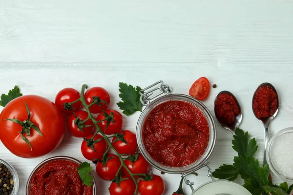 Bowl Jar Tomato Paste White Wooden Background Ingredients — Stock Photo, Image