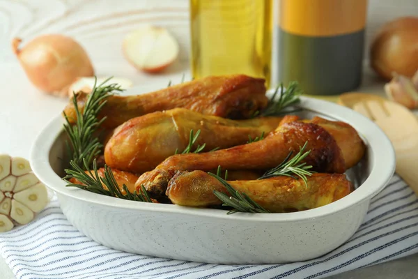 Fogalom Finom Étkezés Sütő Tálca Sült Csirke Dobverő — Stock Fotó