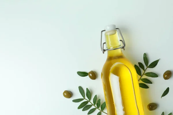 Bottle Oil Olives Twigs White Background — Stock Photo, Image