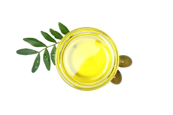 Skleněná Miska Olivového Oleje Izolované Bílém Pozadí — Stock fotografie