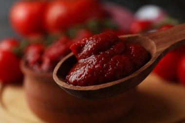 Tahta kaşık ve domates ezmeli kase, yakın çekim.