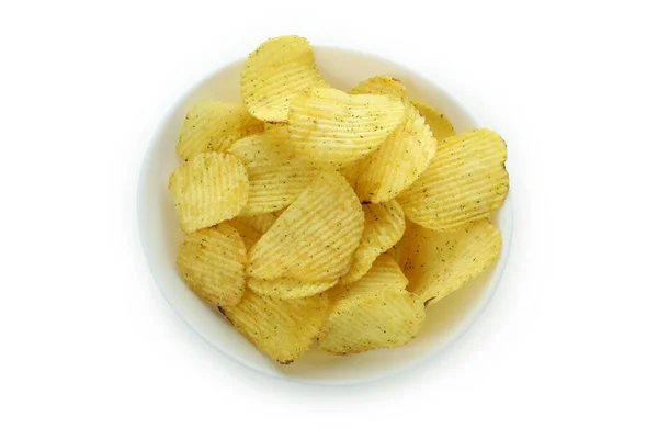 Tigela Com Chips Isolados Fundo Branco — Fotografia de Stock