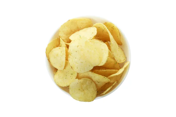 Tigela Com Chips Isolados Fundo Branco — Fotografia de Stock