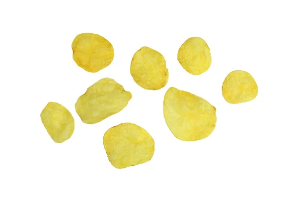 Lekkere Aardappel Chips Witte Achtergrond Bovenaanzicht — Stockfoto