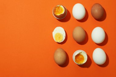 Turuncu arka planda kaynamış yumurta, metin için boşluk.