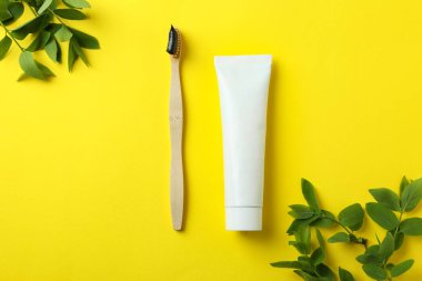 Çevre dostu diş fırçası, diş macunu ve sarı arka planda dallar
