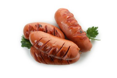 Beyaz arka planda izole edilmiş lezzetli ızgara sosis.