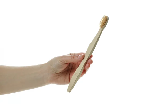 Female Hand Hold Eco Friendly Toothbrush Isolated White Background — Stock Photo, Image