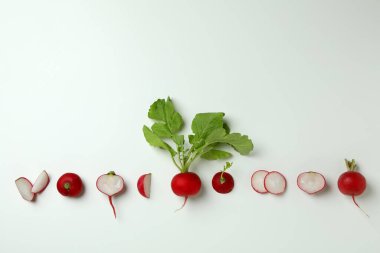 Düz yatıyordu turpla beyaz arkaplanda, üst görünümde