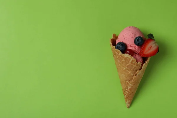 Cone Fruit Ice Cream Green Background — Stock Photo, Image